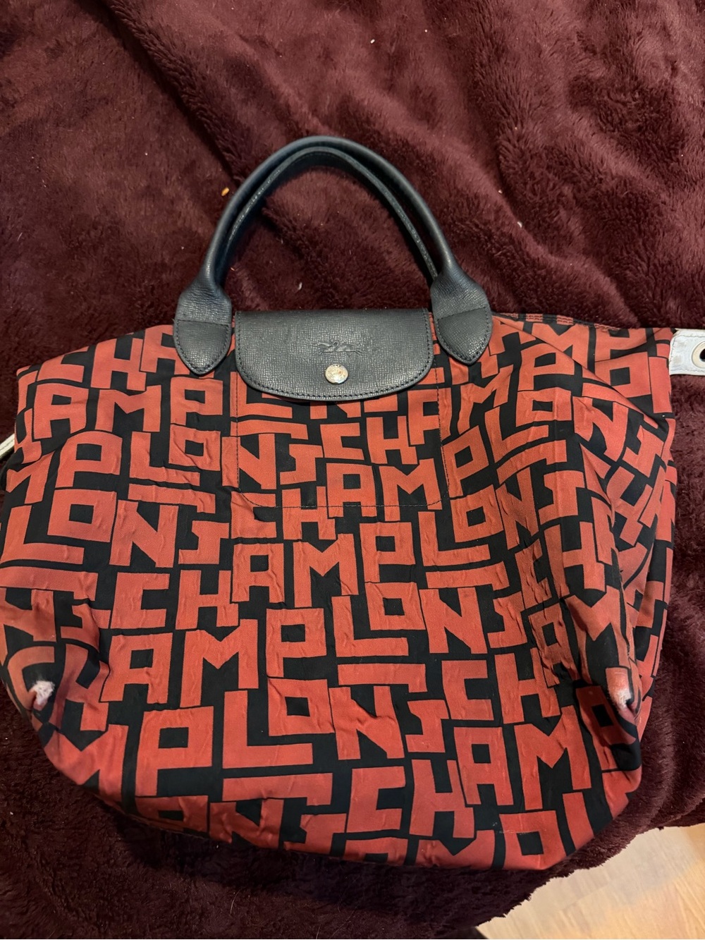 Longchamp Tote with Red Graphic Logo Print and Black Trim